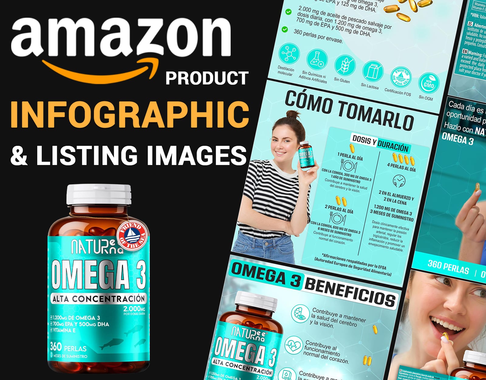 Amazon product listing images for Omega 3 capsules